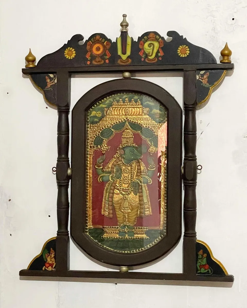 Framed Deity Painting in Carved Frame